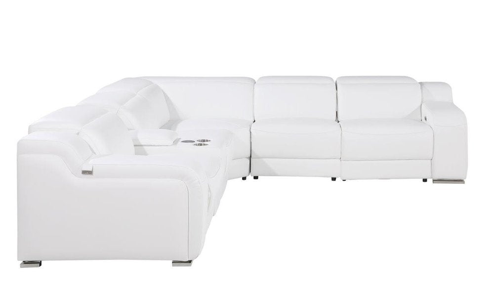 White Italian Leather Power Reclining L Shaped Six Piece Corner Sectional with Console