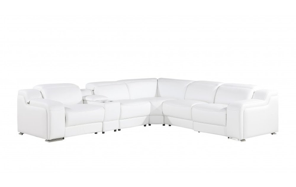 White Italian Leather Power Reclining L Shaped Six Piece Corner Sectional with Console