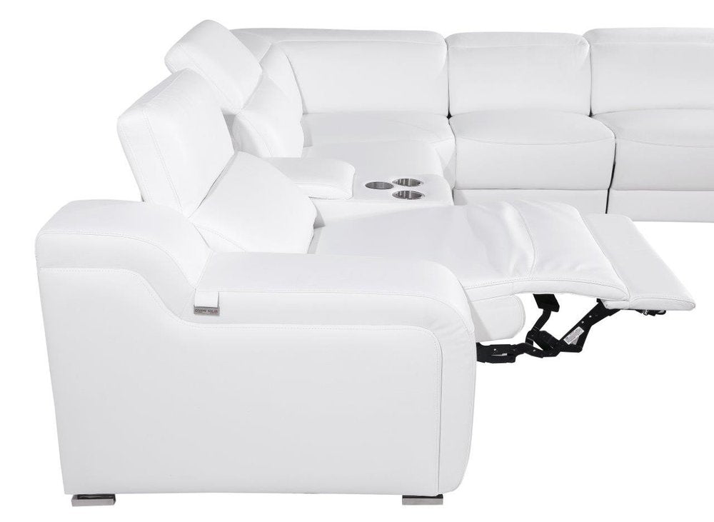 White Italian Leather 3 Power Reclining Seats L Shaped Seven Piece Corner Sectional with Console