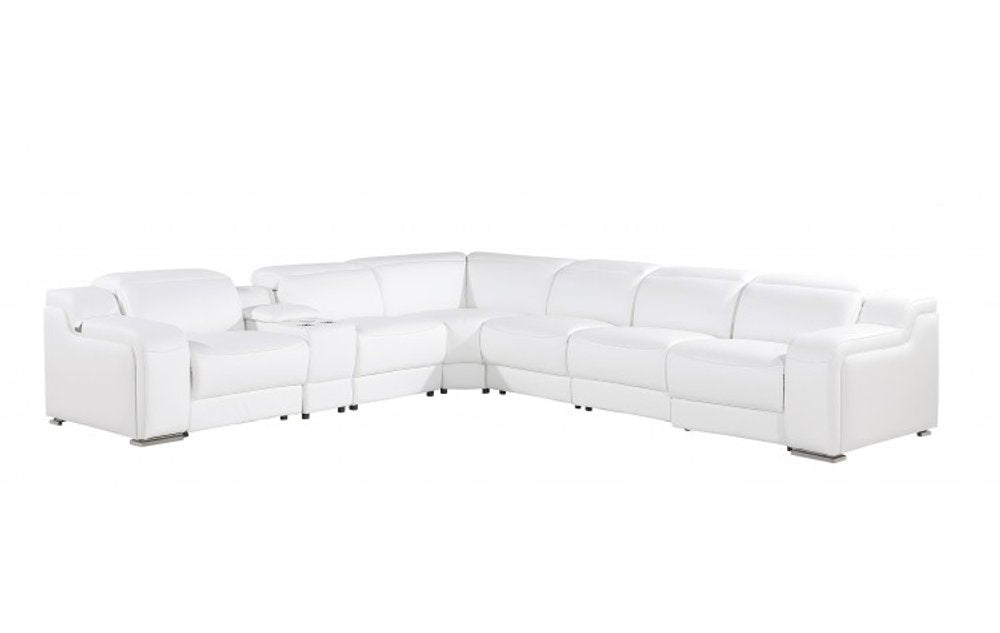 White Italian Leather 3 Power Reclining Seats L Shaped Seven Piece Corner Sectional with Console