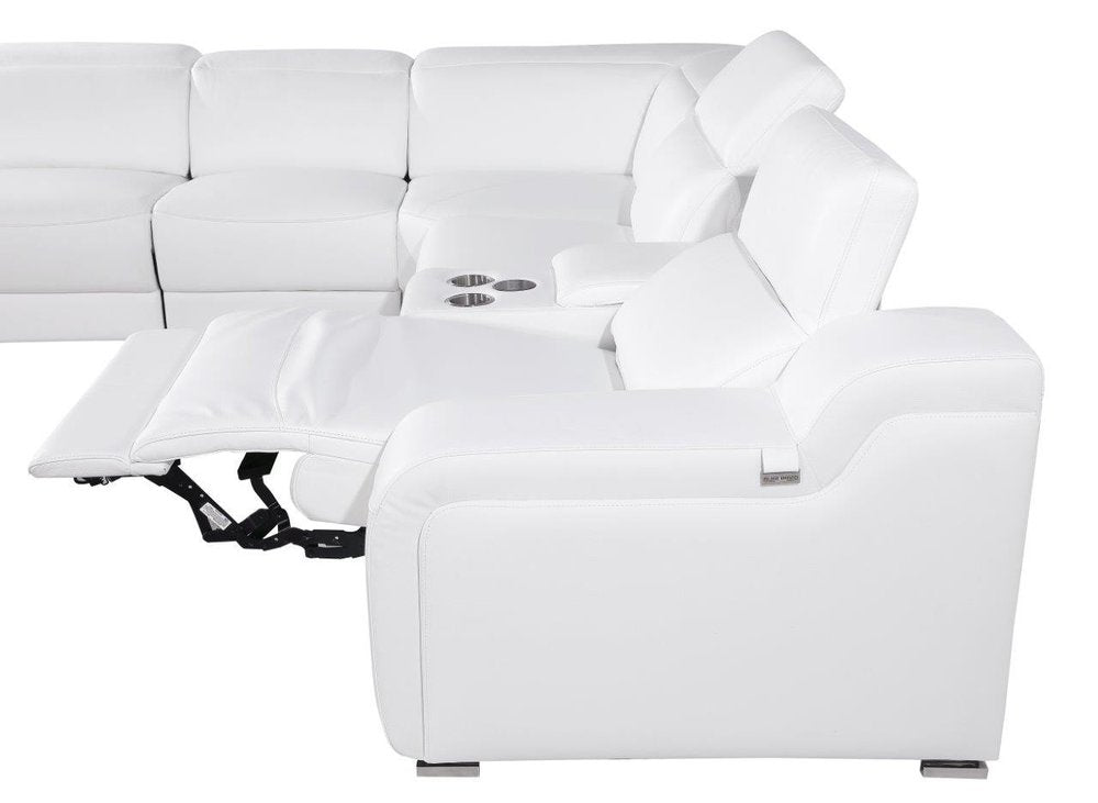 White Italian Leather 3 Power Reclining Seats L Shaped Seven Piece Corner Sectional with Console