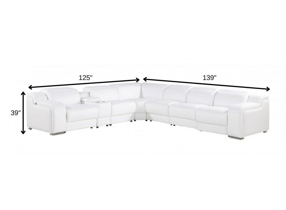 White Italian Leather 4 Power Reclining Seats L Shaped Seven Piece Corner Sectional with Console