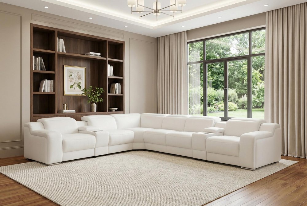 White Italian Leather 3 Power Reclining L Shaped Eight Piece Corner Sectional with Console