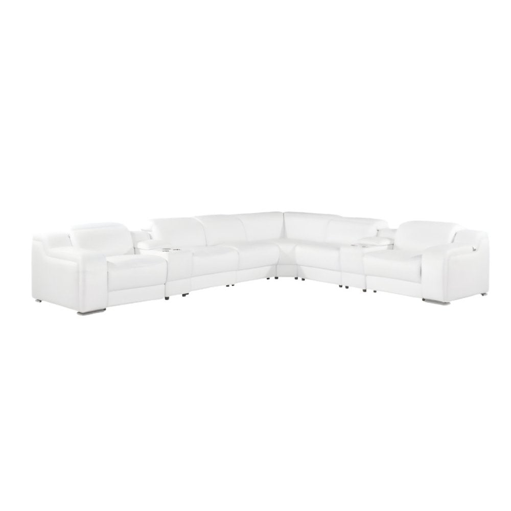 White Italian Leather 3 Power Reclining L Shaped Eight Piece Corner Sectional with Console