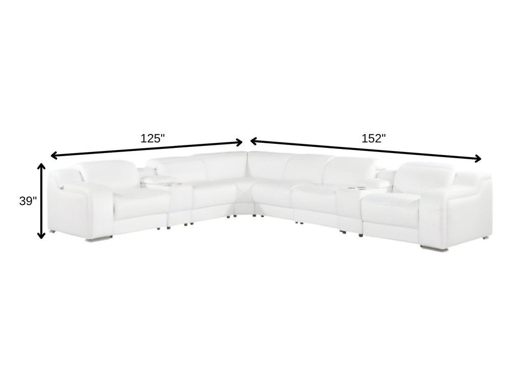 White Italian Leather 4 Power Reclining L Shaped Eight Piece Corner Sectional with Console