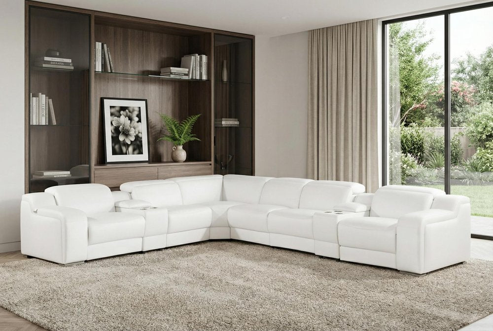 White Italian Leather 4 Power Reclining L Shaped Eight Piece Corner Sectional with Console
