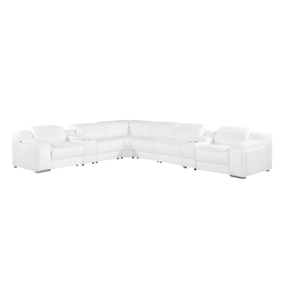 White Italian Leather 4 Power Reclining L Shaped Eight Piece Corner Sectional with Console