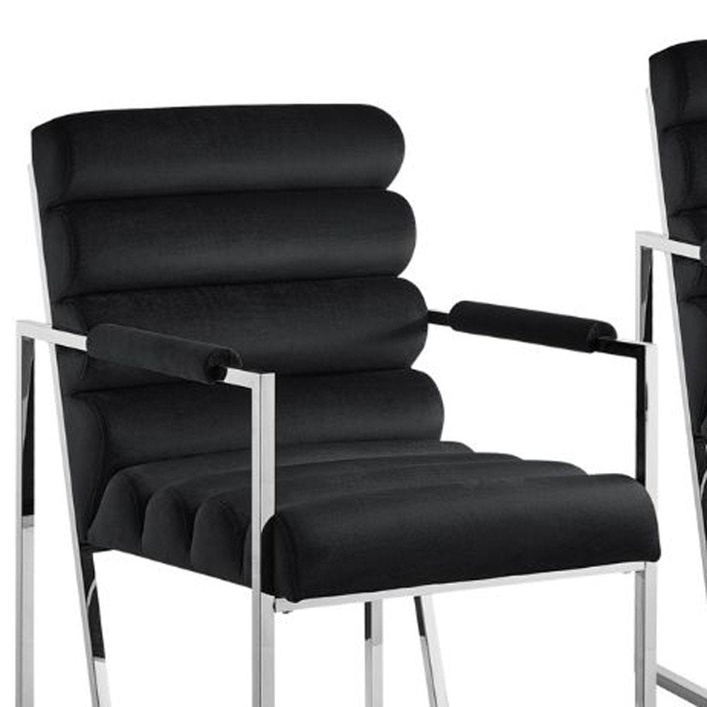 Set of Two Tufted Black and Silver Metallic Upholstered Velvet Dining Arm Chairs