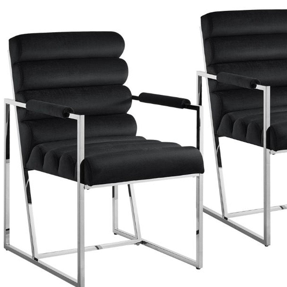 Set of Two Tufted Black and Silver Metallic Upholstered Velvet Dining Arm Chairs