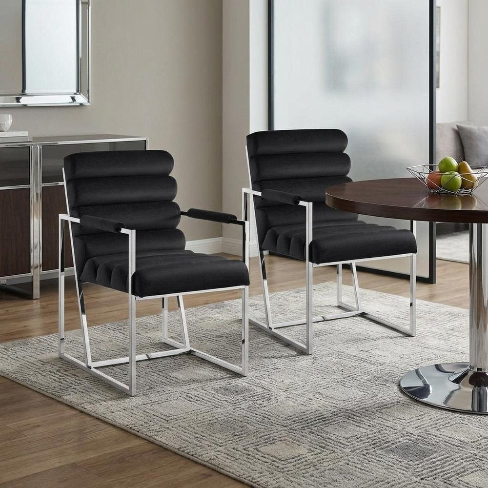 Set of Two Tufted Black and Silver Metallic Upholstered Velvet Dining Arm Chairs