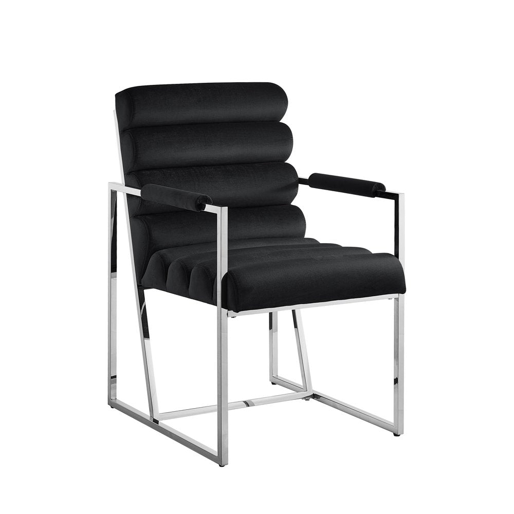 Set of Two Tufted Black and Silver Metallic Upholstered Velvet Dining Arm Chairs