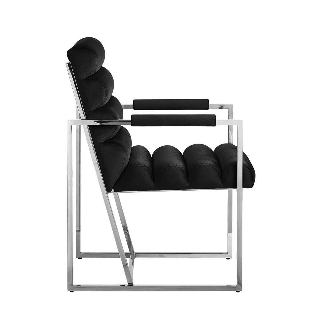 Set of Two Tufted Black and Silver Metallic Upholstered Velvet Dining Arm Chairs