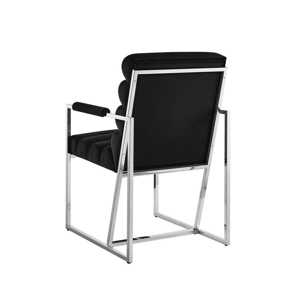 Set of Two Tufted Black and Silver Metallic Upholstered Velvet Dining Arm Chairs