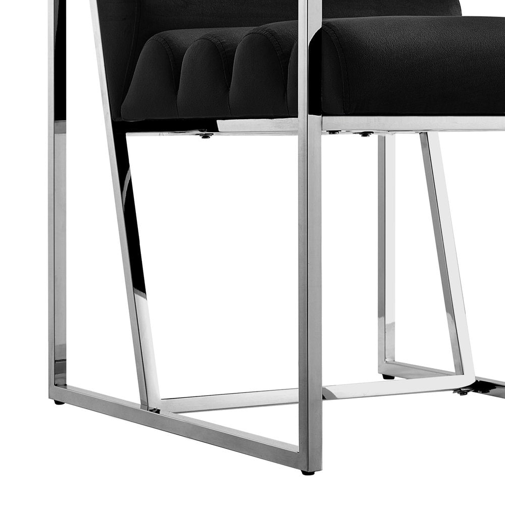 Set of Two Tufted Black and Silver Metallic Upholstered Velvet Dining Arm Chairs