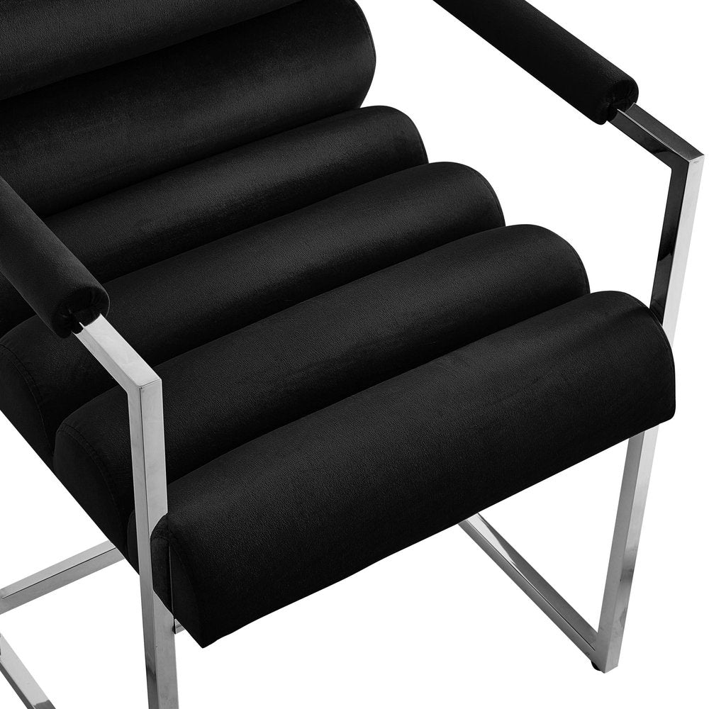 Set of Two Tufted Black and Silver Metallic Upholstered Velvet Dining Arm Chairs