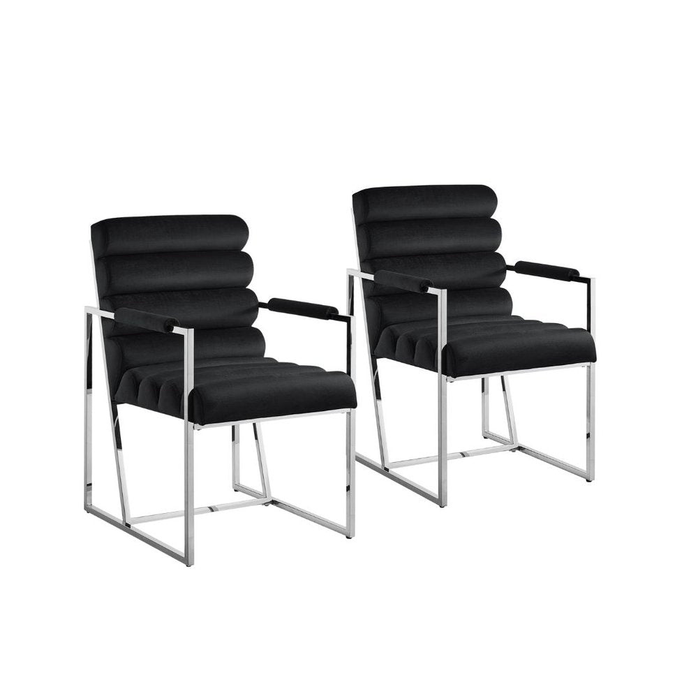 Set of Two Tufted Black and Silver Metallic Upholstered Velvet Dining Arm Chairs