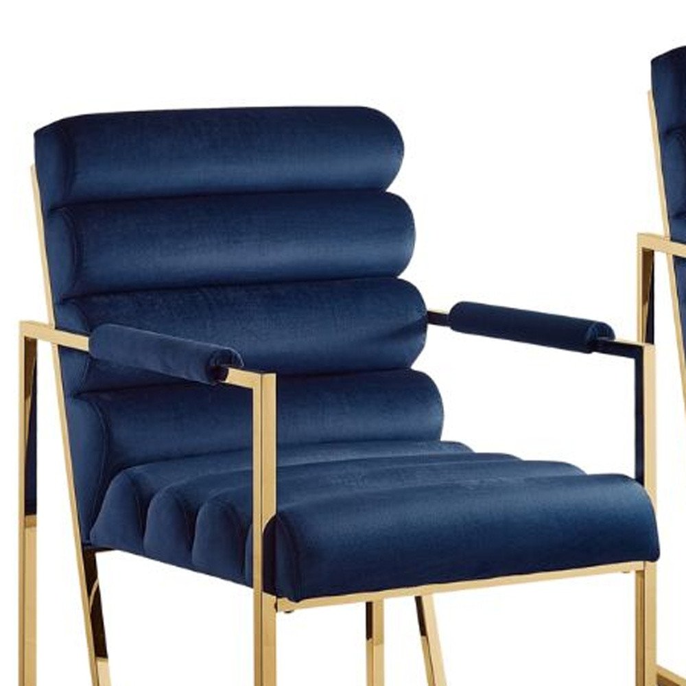Set of Two Tufted Black and Silver Metallic Upholstered Velvet Dining Arm Chairs