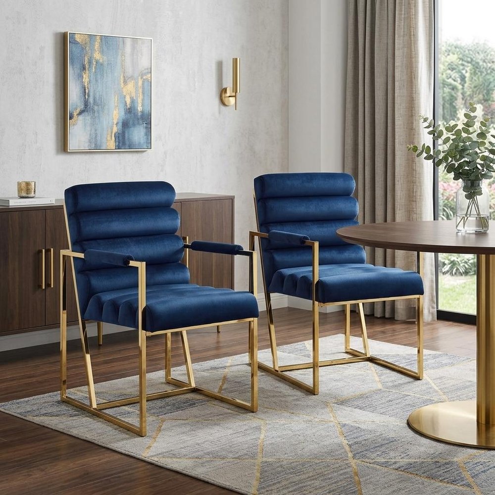 Set of Two Tufted Black and Silver Metallic Upholstered Velvet Dining Arm Chairs