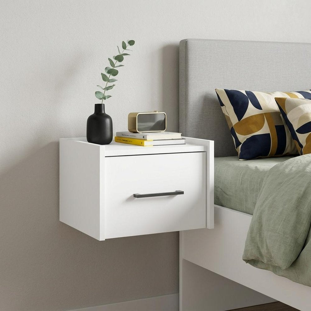 White Wood One Drawer Floating Nightstand - 10-inch