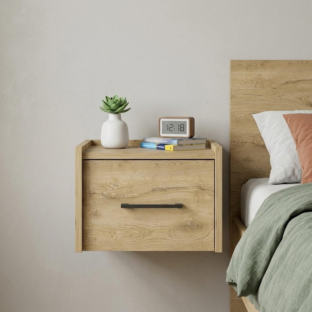 Beige One Drawer Faux Wood Floating Nightstand - 10-inch