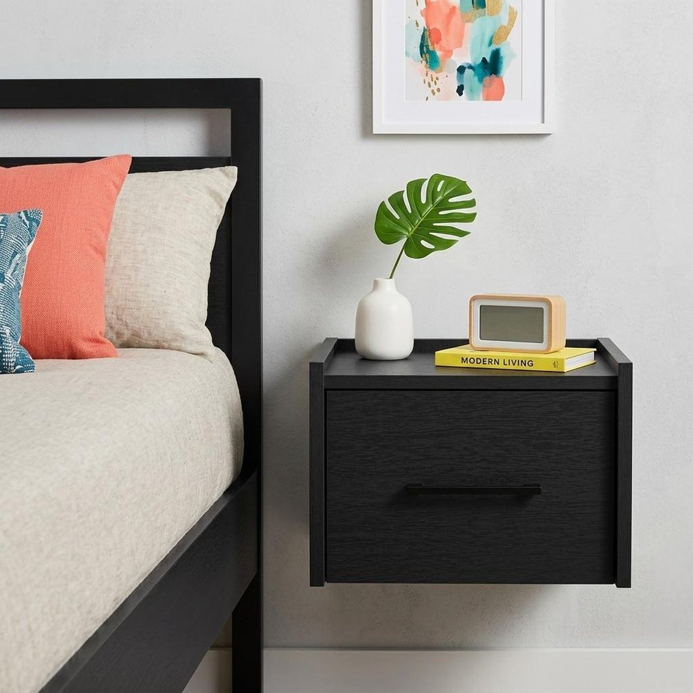 Black Wood One Drawer Floating Nightstand - 10-inch