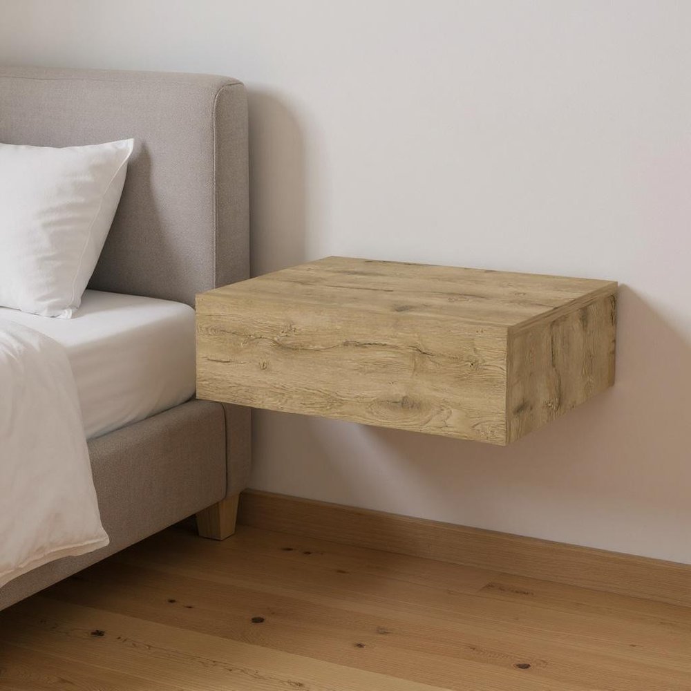 Beige Wood One Drawer Floating Nightstand - 16-inch