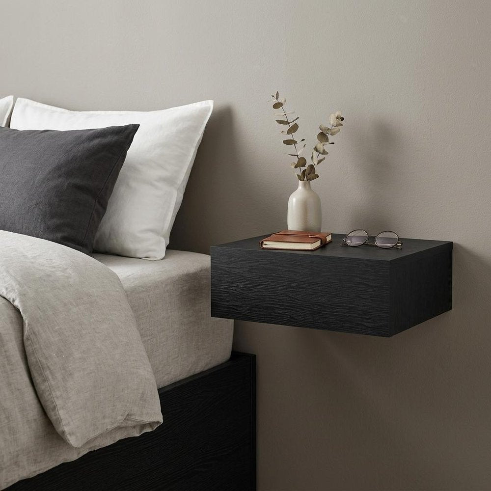 Black Wood One Drawer Floating Nightstand - 16-inch