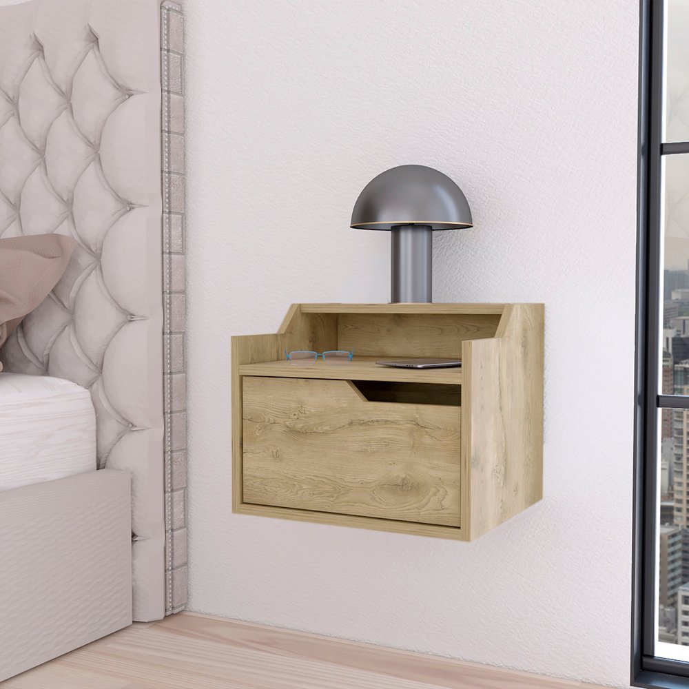 Beige Wood One Drawer Floating Nightstand - 13-inch