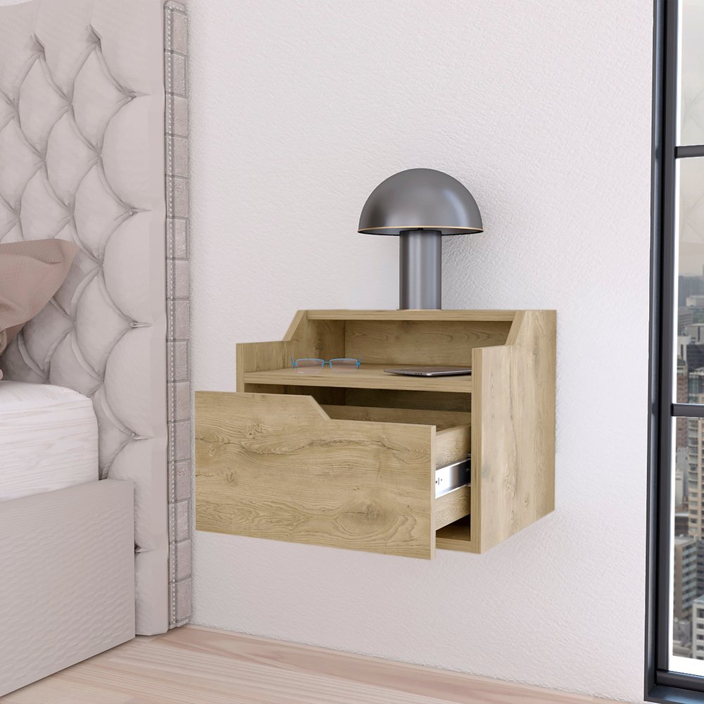 Beige Wood One Drawer Floating Nightstand - 13-inch