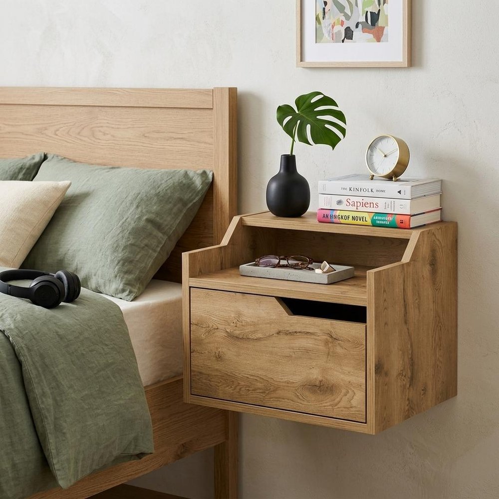 Beige Wood One Drawer Floating Nightstand - 13-inch