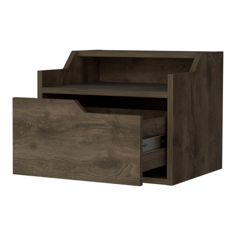Brown Wood One Drawer Floating Nightstand - 13-inch