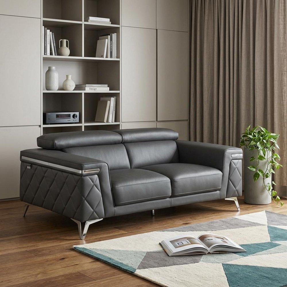 Dark Gray and Silver Metallic Leather Loveseat - 70-inch
