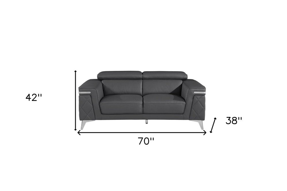 Dark Gray and Silver Metallic Leather Loveseat - 70-inch