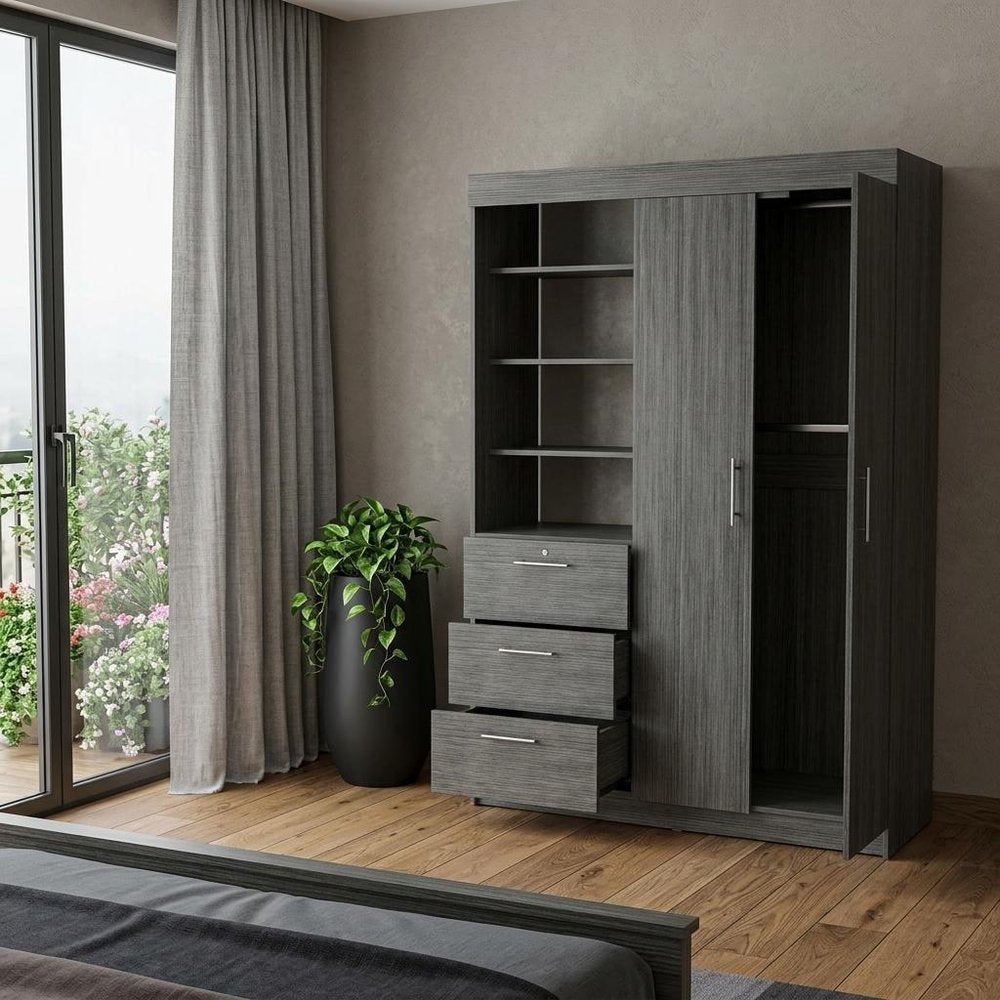 Gray Wood Two Door Three Drawer Combo Dresser - 79-inch