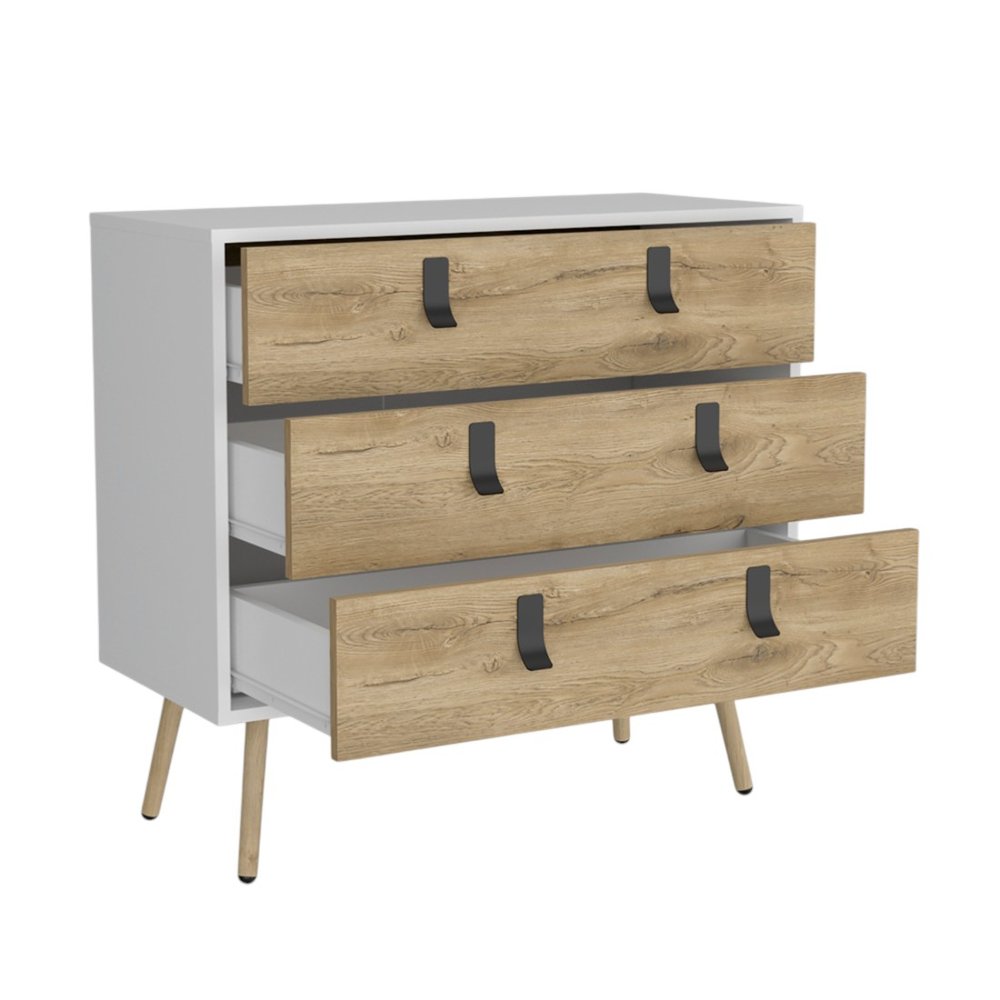 White and Natural Three Drawer Dresser - 32-inch