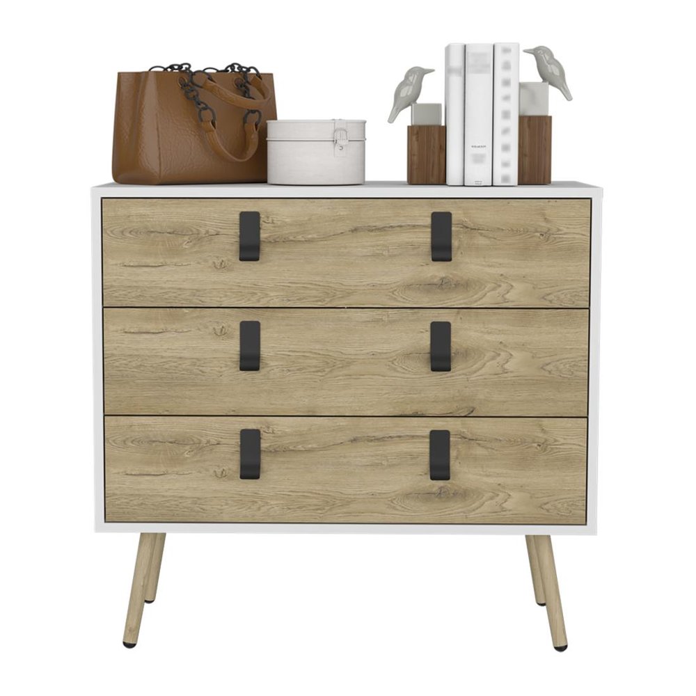 White and Natural Three Drawer Dresser - 32-inch
