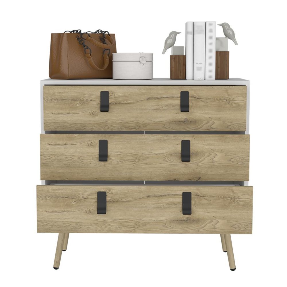 White and Natural Three Drawer Dresser - 32-inch
