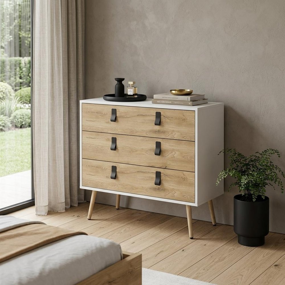 White and Natural Three Drawer Dresser - 32-inch