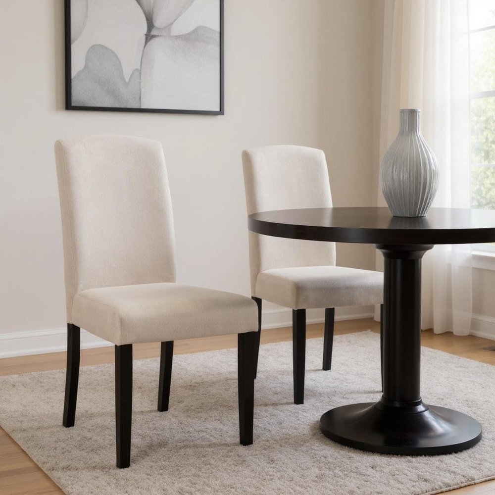 Set of Two Beige and Black Upholstered Polyester Dining Parsons Chairs