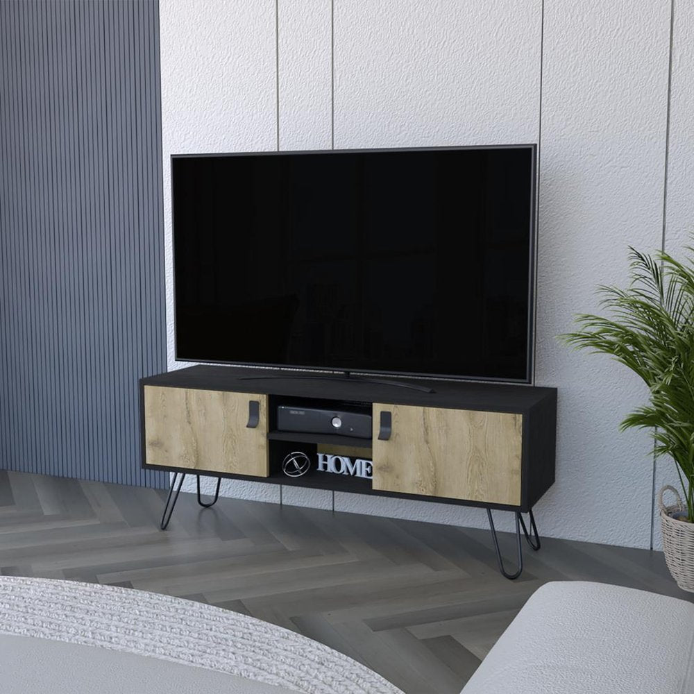 Beige and Black Cabinet Open and Enclosed Storage TV Stand - 48-inch