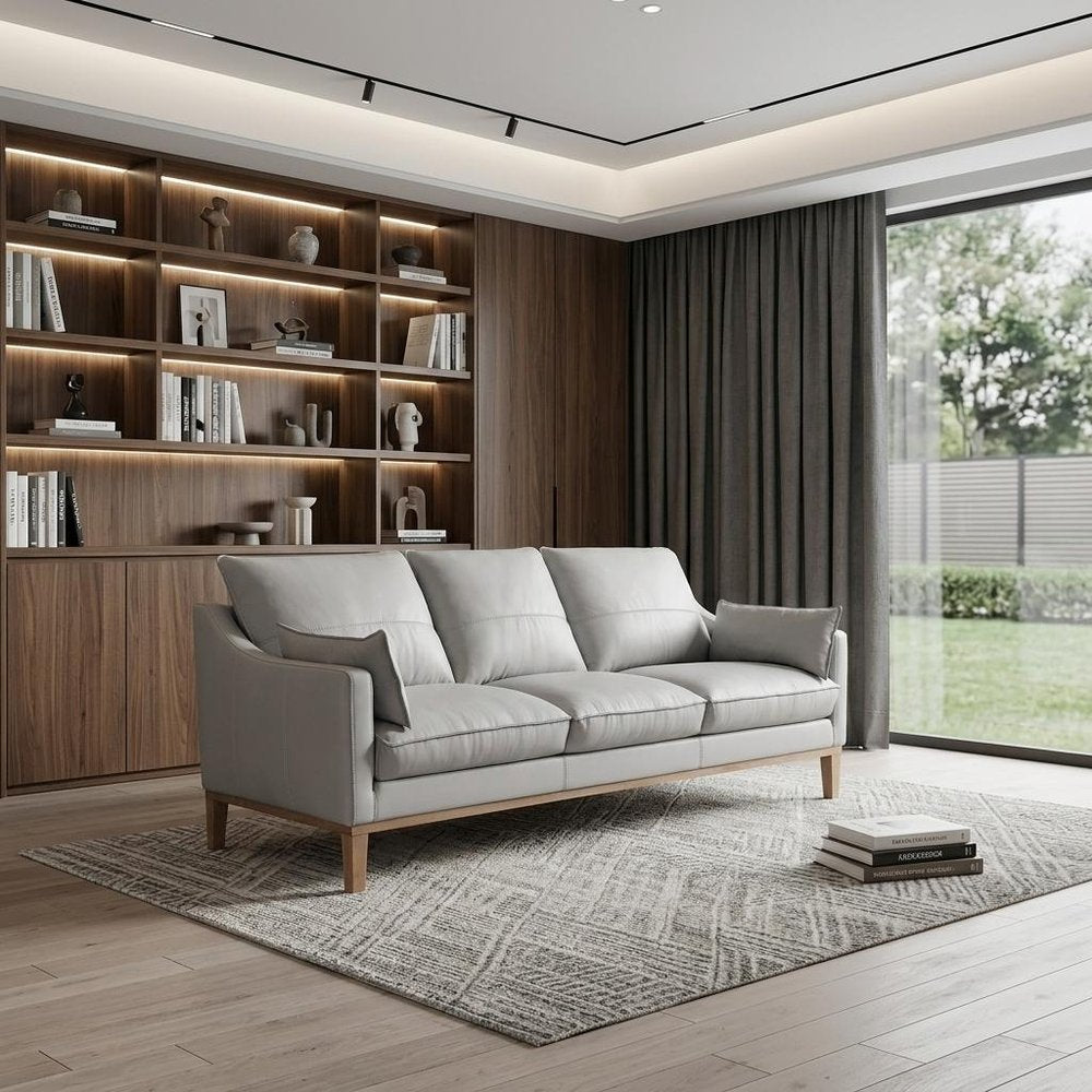 Gray Leather Sofa and Toss Pillows with Brown Legs - 87-inch