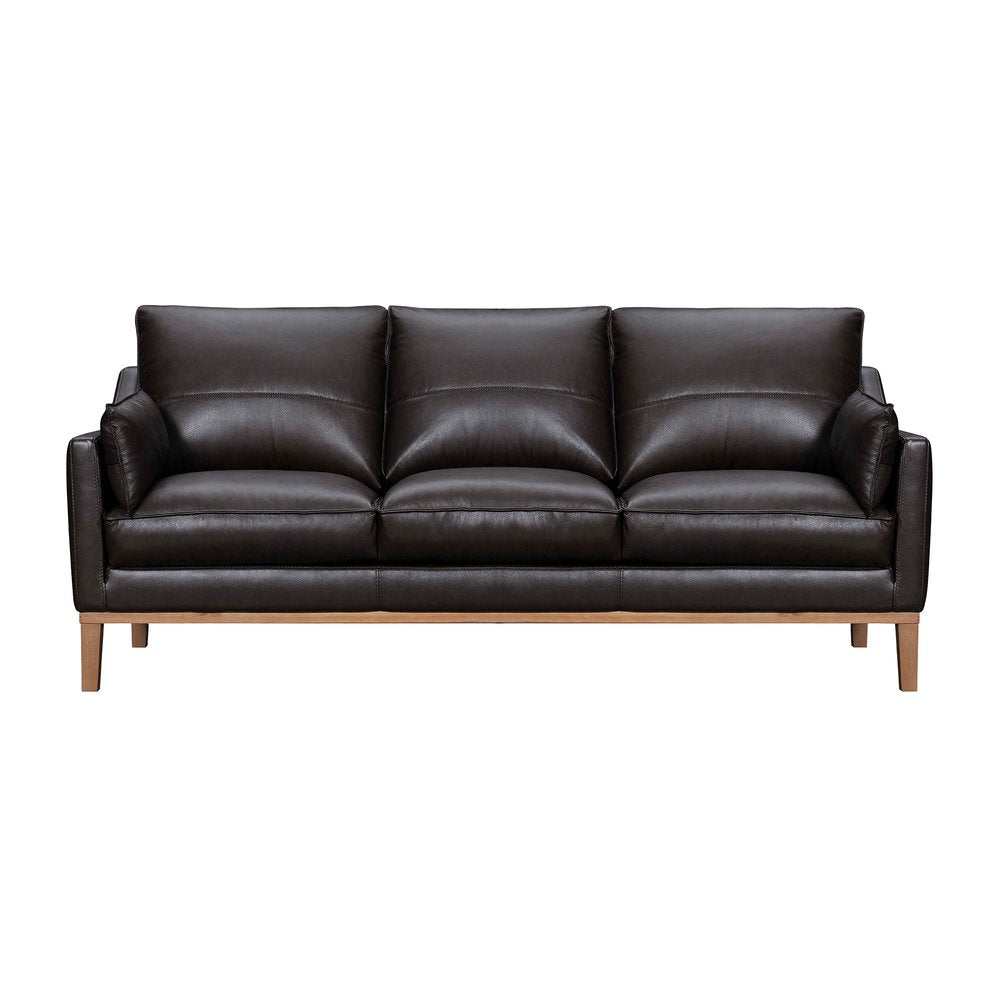 Dark Brown Leather Sofa and Toss Pillows with Brown Legs - 87-inch