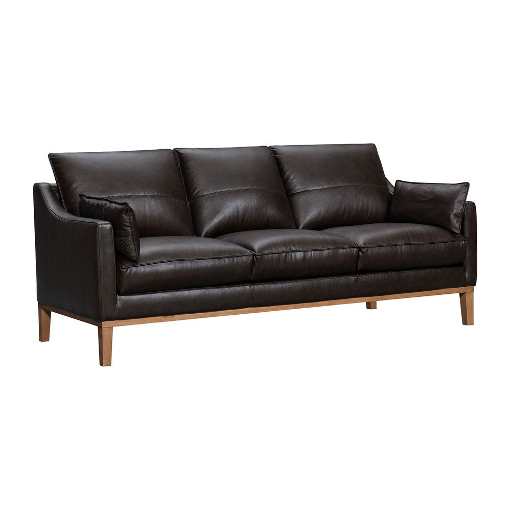 Dark Brown Leather Sofa and Toss Pillows with Brown Legs - 87-inch
