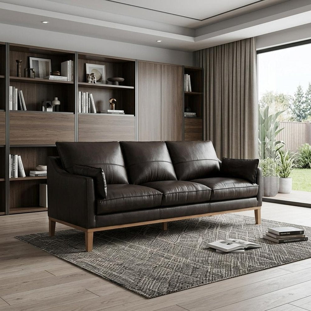 Dark Brown Leather Sofa and Toss Pillows with Brown Legs - 87-inch