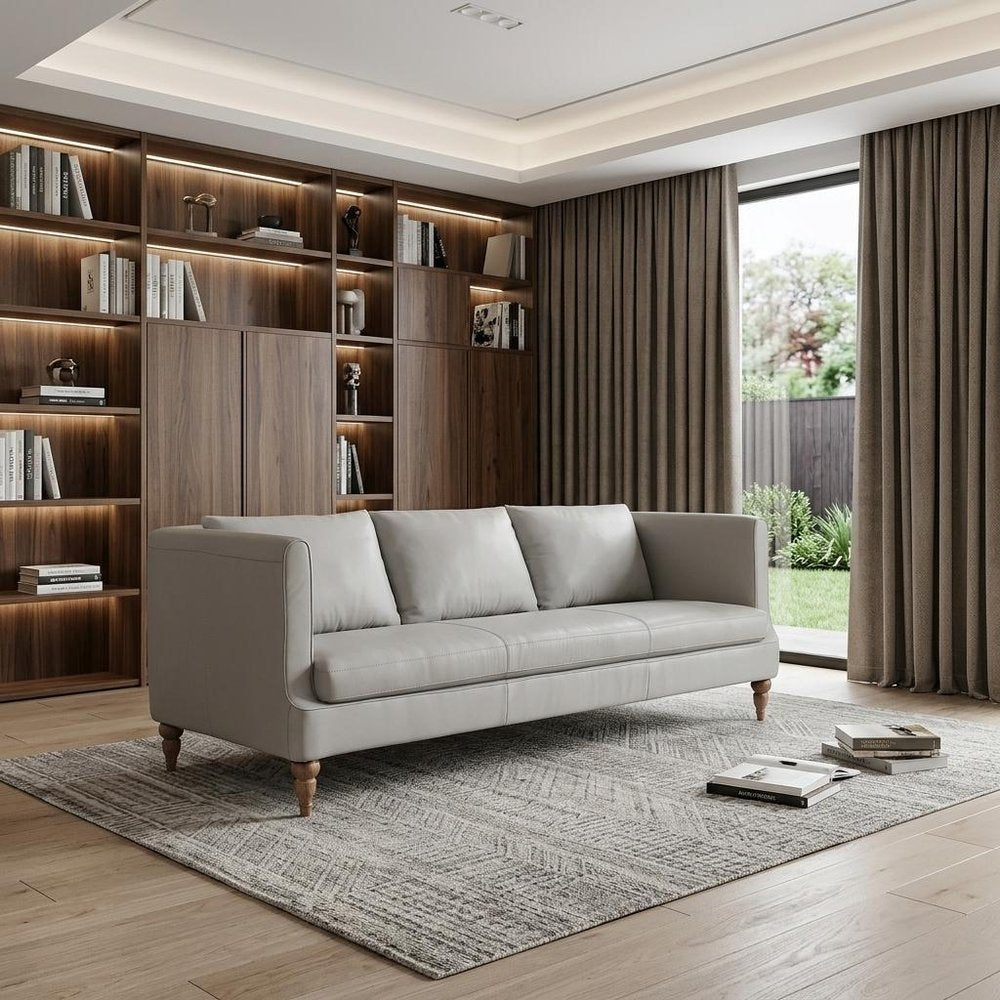 Gray Leather Sofa with Brown Legs - 85-inch