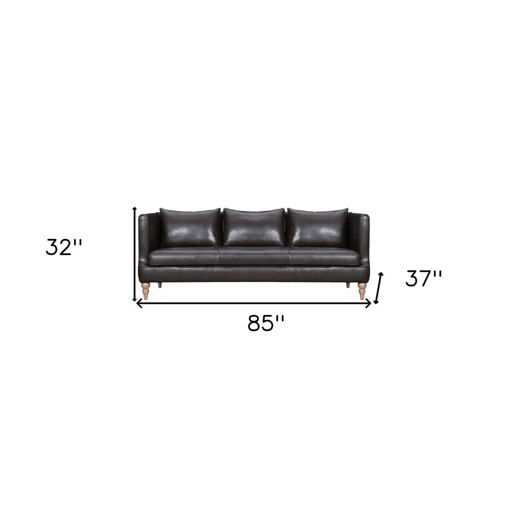 Dark Brown Leather Sofa with Brown Legs - 85-inch