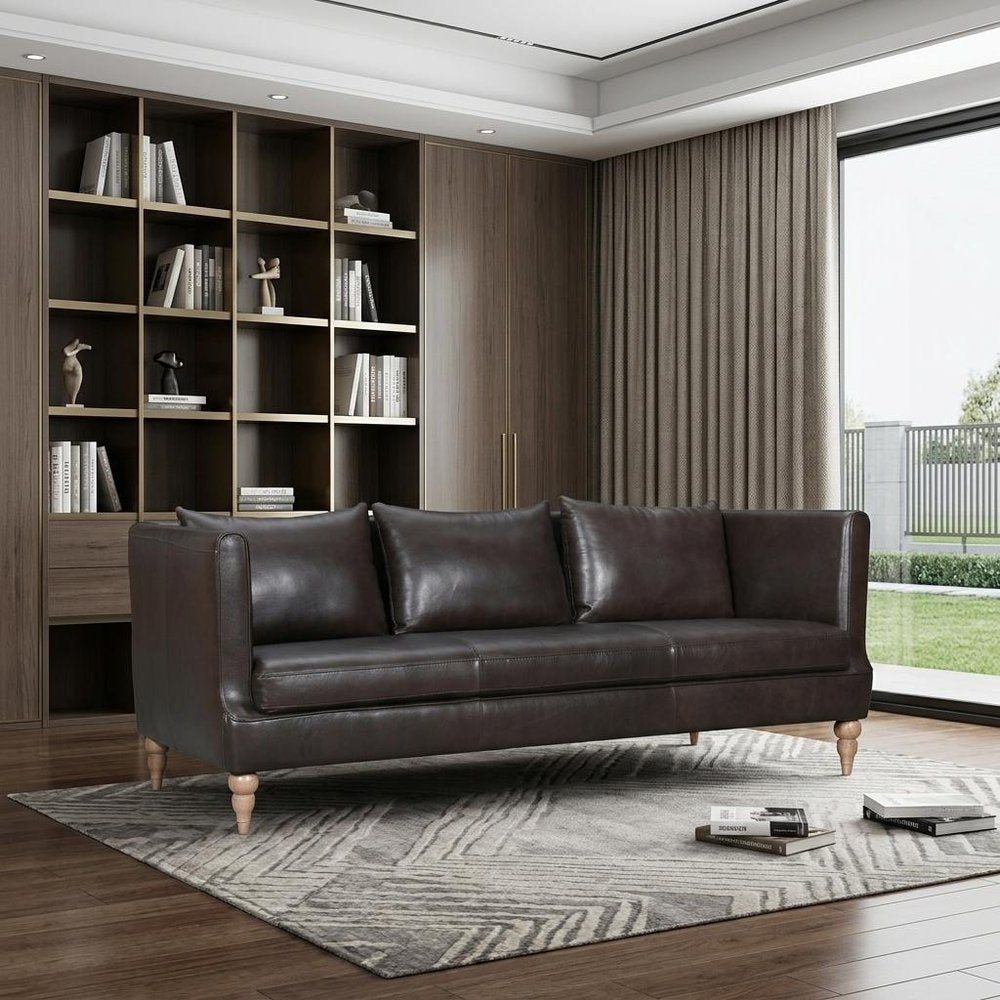 Dark Brown Leather Sofa with Brown Legs - 85-inch