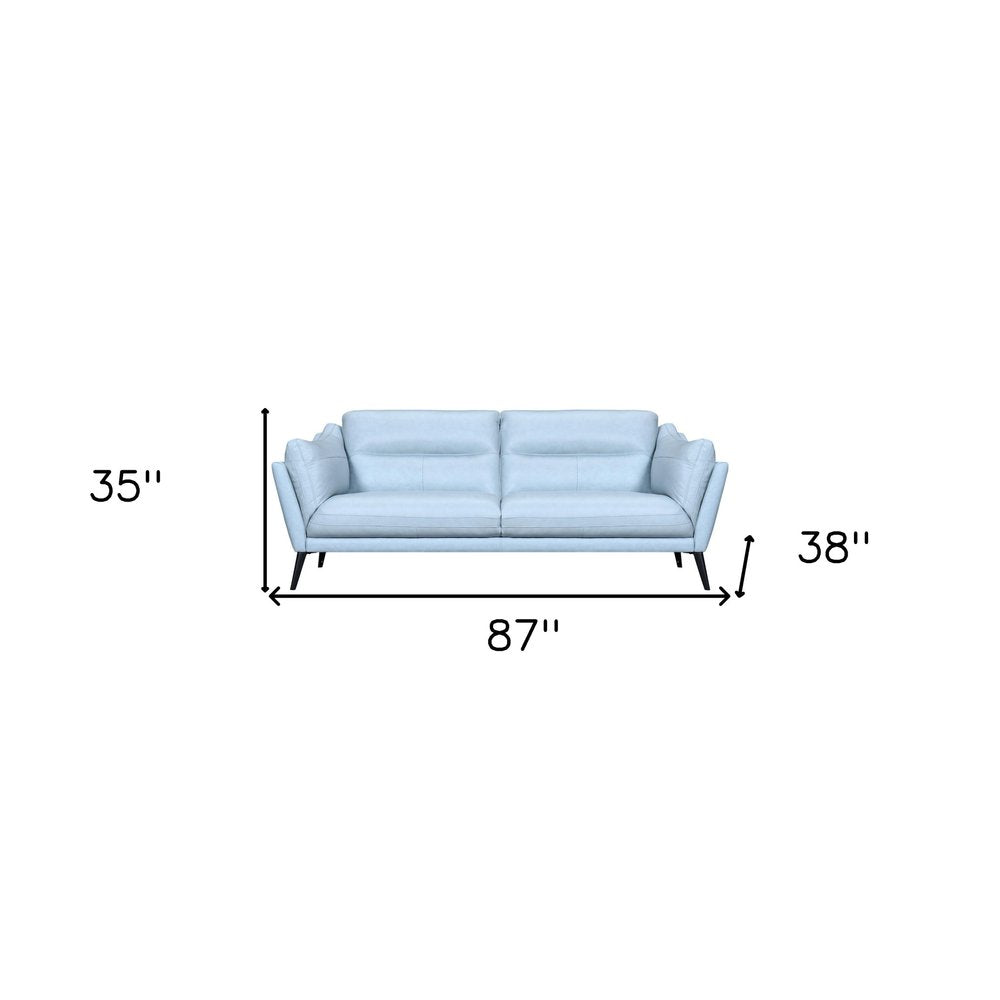 Sky Blue Leather Sofa with Black Legs - 87-inch
