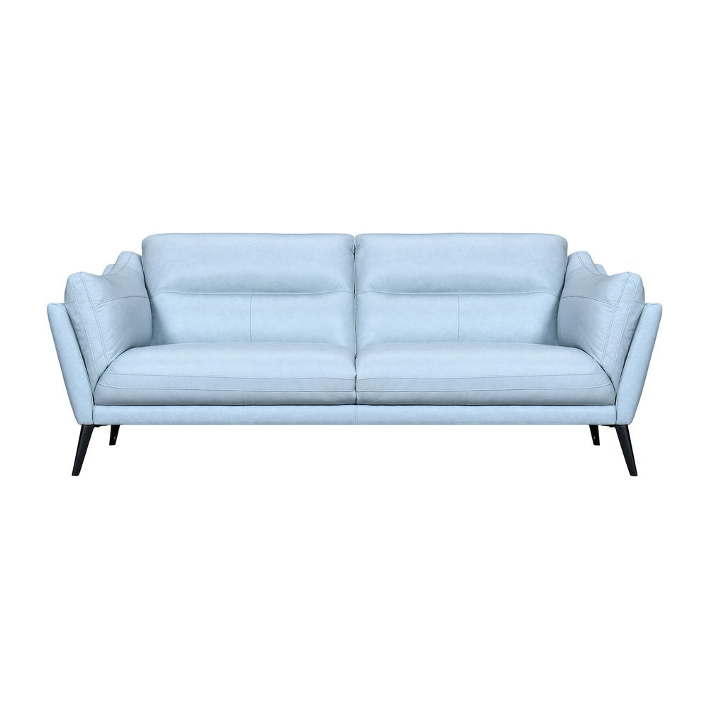 Sky Blue Leather Sofa with Black Legs - 87-inch