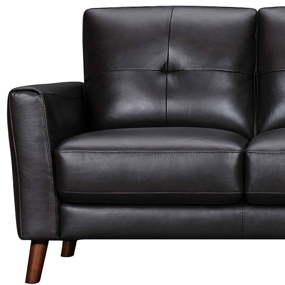 Black Leather Sofa with Brown Legs - 82-inch